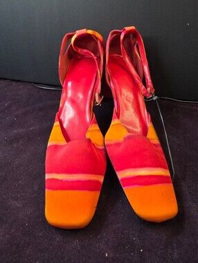 Coup D'Etat striped block heel pumps red orange